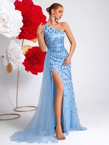 Sky blue one-shoulder sequin evening dress with high slit and elegant mesh train
