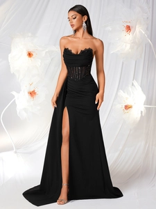 Elegant black strapless evening dress with lace trim and corset slit long skirt