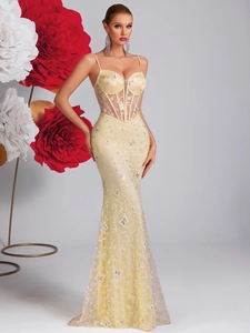 Elegant yellow fishtail evening dress with butterfly embroidery and sequin mesh details