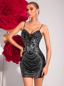 Sexy black bodycon mini dress with deep V-neck and silver rhinestone geometric patterns