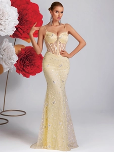Elegant Yellow Mermaid Evening Dress Polyester Spandex Spaghetti Strap Corset Mesh Butterfly Embroidery Banquet Long Gown