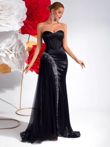 Robe de Soirée Bustier Noire Élégante pour Femmes Corset Sans Bretelles Strass Perlé Sirène Résille Banquet Robe Midi Slim