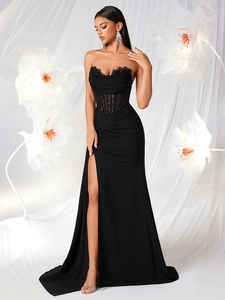 Elegant Black Strapless Lace Slit Evening Dress Women Sexy Corset Slim Fit Banquet Party Formal Maxi Prom Gown Dress