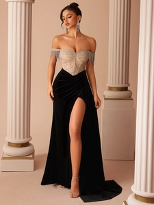 Luxury strapless velvet evening gown with rhinestones, tassels and high side slit
