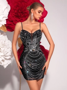 Sexy black bodycon mini dress with silver rhinestones and deep V-neck for parties