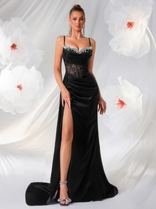 Elegante Damen Schwarz Abendkleid Sexy Rückenfrei Strass Spitze Korsett High Slit Maxi Kleid Slim Fit Bankett Party Formelles Kleid