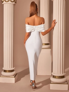 Elegant white off-shoulder bandage evening dress with a large bow detail on the back