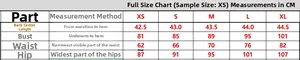 Detailed size chart for the mesh patchwork dress showing measurements from XS to XL