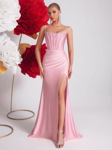 Women's Pink Evening Gown Hot-fix Rhinestone Corset High Slit Mermaid Spaghetti Strap Polyester Satin Long Prom Dress