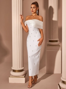 Elegant white off-shoulder evening gown with satin twist and silver bead embellishments