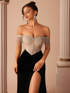 Luxury strapless velvet evening gown with silver rhinestones, tassels and side high slit