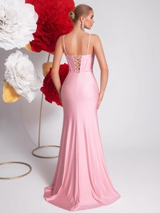Elegant pink fishtail evening dress with rhinestone bodice and corset back detail