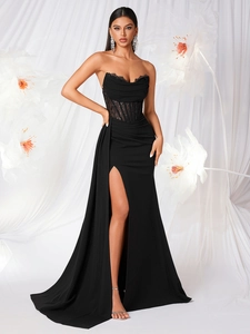Elegant strapless black evening dress with lace boning bodice and high side slit