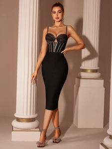 Robe Bandage Luxueuse en Mesh Noir pour Femmes Sexy Avec Strass Col en V Bodycon Midi Robe de Soirée