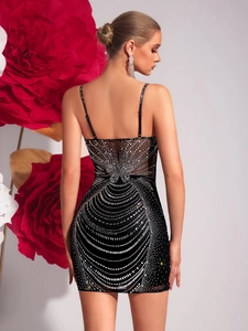 Sexy black bodycon party dress with deep V-neck and handcrafted rhinestone butterfly back