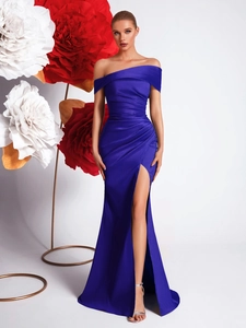Robe de Soirée Femme Élégante Bleu Royal Épaules Dénudées Froncée Fente Haute Sirène Longue pour Banquet Fête Mariage
