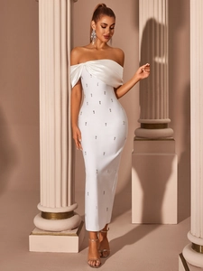 Elegant white off-the-shoulder maxi dress with sparkling rhinestones and satin neckline