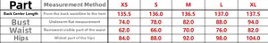 Detailed size chart for evening dress including bust, waist, and hip measurements in cm