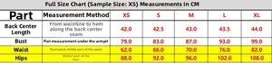 Tableau des tailles détaillé pour mini robe satinée avec buste et taille en CM