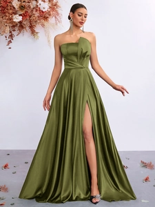 Elegant olive green strapless satin maxi dress with a thigh-high slit for evening parties