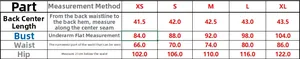 Detailed size chart for women's black satin dress with measurements for XS to XL sizes
