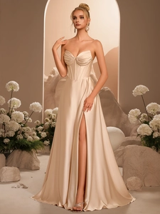 Elegante Abito da Sera in Raso a Tubino da Donna Corsetto a Lisca di Pesce Vestibilità Slim Maxi Abito con Spacco Banchetto Festa Formale Senza Maniche