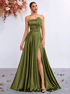 Elegant olive green strapless satin evening gown with pleated waist and high split