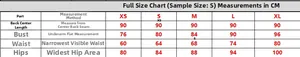 Size chart for bandage dress showing length, bust, waist, and hip measurements in CM