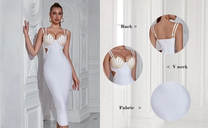 Detail view of the V-neckline with golden stud embellishments on a white bandage dress
