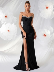 Robe de Soirée Sirène Élégante Sans Bretelles Femmes Sexy Fente Haute Plissée en Polyester Avec Bordure en Strass Robe de Bal