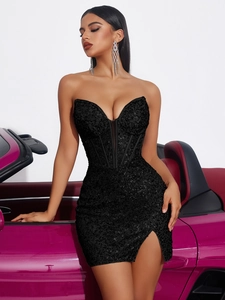 Vestito Midi da Donna Elegante con Paillettes Spalle Scoperte Stecche Cerniera Spacco Aderente Festa Banchetto Sexy Club