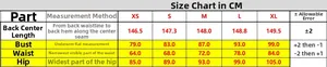 Detailed size chart for elegant one-shoulder evening gown with slit, sizes XS to XL