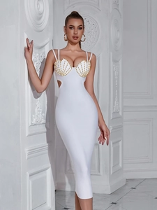 Sexy Bodycon Beaded Midi Dress Sleeveless V Neck Cutout High Waist Bandage Dress For Banquet Party Women Evening Dress