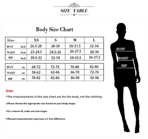 Guide des tailles pour robe bandage avec mesures en pouces et cm pour les tailles XS à L