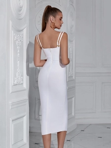 Elegant white bodycon bandage midi dress with gold hardware and slim shoulder straps