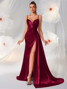 Abito da Sera Sexy in Raso da Donna con Spalline Sottili Spacco Alto Schiena Scoperta Lunghezza al Pavimento Bodycon Maxi Abito per Matrimonio Festa Banchetto