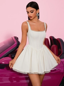 French Chic White Lace Square Neck Cami Dress Slim Corset Boning Waist Short Mini Party Dress Elegant Women Clothing