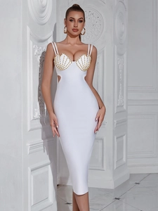 Sleek white bandage dress with gold beaded shell bust and cutout waist details