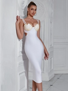 Elegant white bodycon bandage dress with gold shell beading and side cut-outs