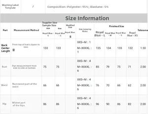 Size chart for satin party dress showing XS-L measurements and material composition