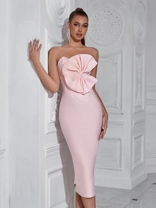 Elegant Women Strapless Bow Midi Bandage Dress Embroidered Solid Color Slim Fit Bodycon Evening Party Birthday Dress