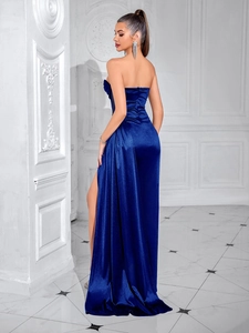 Elegant navy blue strapless satin evening gown with high side slit and long tassels