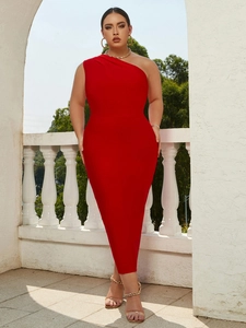 Detail of red one-shoulder bandage dress with slimming bodycon fit and elastic fabric