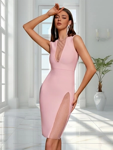 Pink bandage dress featuring a deep V-neck and silver metallic mesh side slit detail