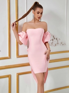 Robe Moulante Courte à Épaules Dénudées et Manches Bouffantes pour Femmes Grand Nœud Arrière Robe de Soirée Élégante