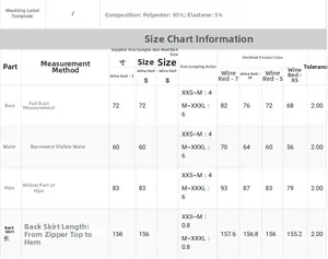 Detailed size chart for burgundy split dress with measurements from XS to L
