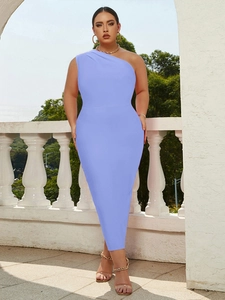 Women Plus Size One Shoulder Bodycon Dress Elegant Ruched Solid Color Midi Evening Party Cocktail Bandage Midi Dress