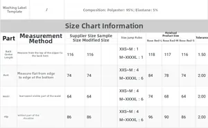 Detailed size chart for pink off-shoulder dress showing S, M, L dimensions and fabric specs