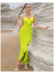 Detail showing the fluorescent lime green ruffled layers of the sexy party maxi dress