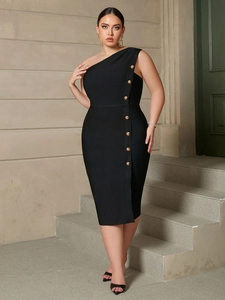Detail of plus size black one-shoulder dress with gold buttons and side slit